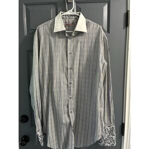 Robert Graham Dress Shirt Mens 17 36/37 Blue White Stripe Long Sleeve Flip Cuff